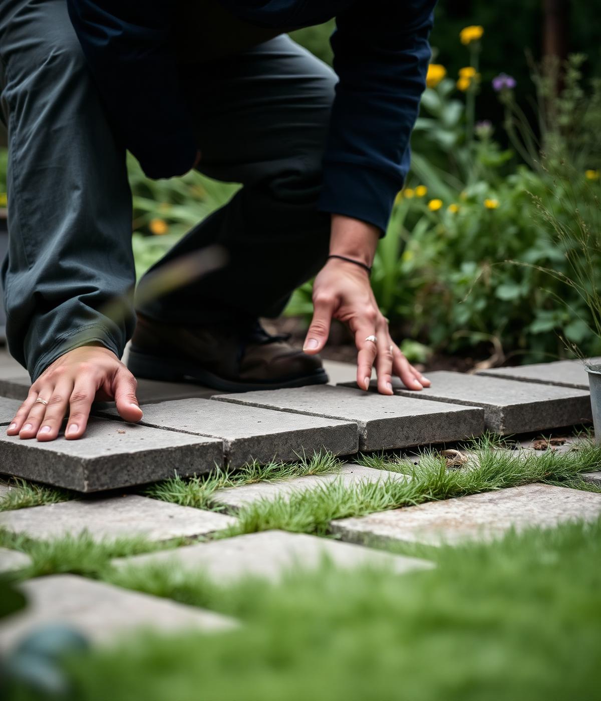 UK landscaper laying paving stones