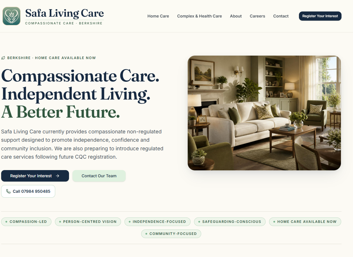 Safa Living Care website homepage